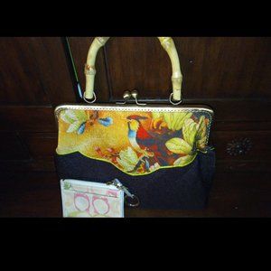 Vtg COACH signature keychain card case + Bird motif fab bamboo handle pocketbook